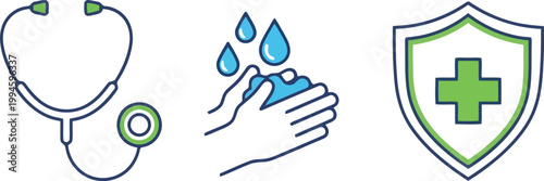  Flat vector illustration, white background. A stethoscope forming a heart, a hand washing icon with water drops, and illustration, black icons, agriculture symbols isolated on White Background vector