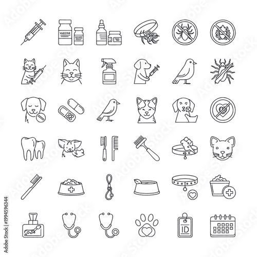 Collection of veterinary icons representing pet care, health, and treatment services.