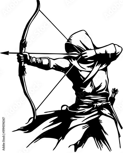Silhouette of a hooded archer drawing a bow and arrow, ready to shoot, symbolizing precision and focus