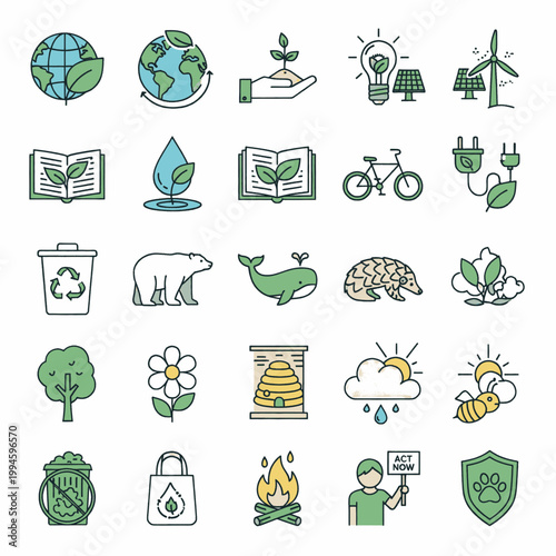 Collection of environmental icons representing nature, sustainability, and eco-friendly concepts.