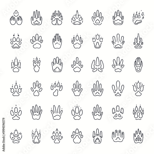 Collection of various animal paw print icons and symbols, isolated on a white background.