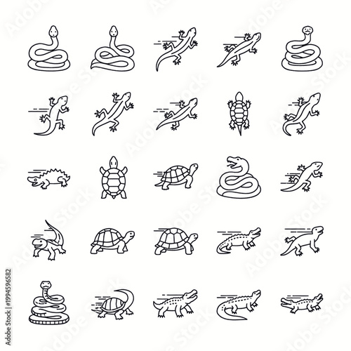Collection of line art icons representing various reptiles including snakes, lizards, turtles, and crocodiles in different poses and actions.
