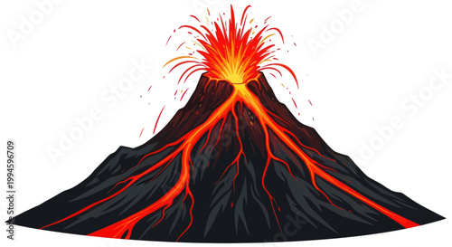Volcano Eruption, Lava Flowing Down Mountain, Fiery Explosion, Natural Disaster