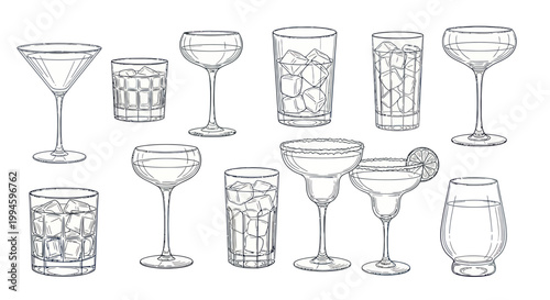 Collection of Hand Drawn Cocktail and Drinks Glasses on White Background