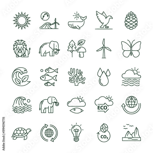 Collection of nature and environment icons representing various elements of the natural world and ecological concepts.