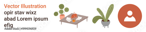 Workspace decor, office setup, minimalist interiors, nature-inspired design, personal branding, user interface. A table with plants, a handbag and a profile icon. Workspace decor and personal