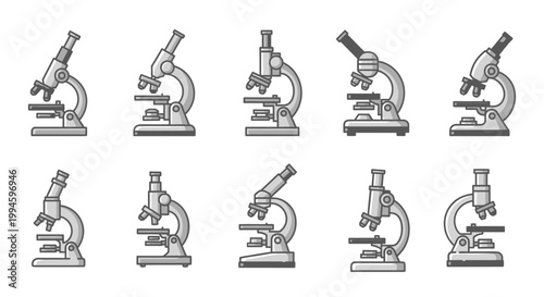 Illustration of Scientific Microscope Instruments in Various Positions for Research Purposes
