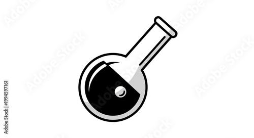 Minimalist science lab illustration with a round-bottom flask containing dark liquid