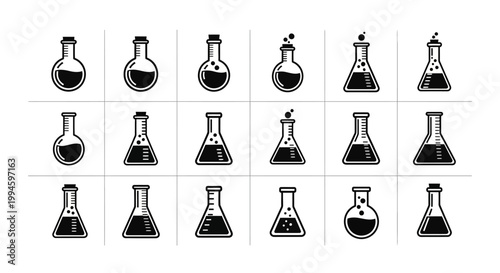 Minimalist scientific glassware illustrations showcasing diverse chemical laboratory experiments