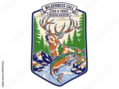 Mountain with stag and trout vintage artwork for t-shirt. Wilderness call apparel design. Mountain outdoors vector design. Wild and free. Nature logo.