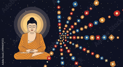 Buddha, meditation, zen, spiritual, illustration, vector, Buddhist, serene, orange robes