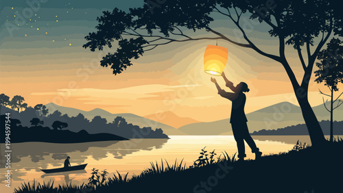 Silhouette of a person releasing a sky lantern at sunset over a serene lake with mountains