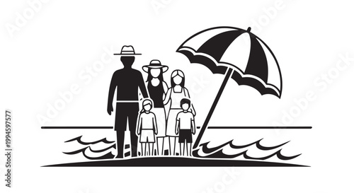 Happy family at beach silhouette with sun umbrella on white background