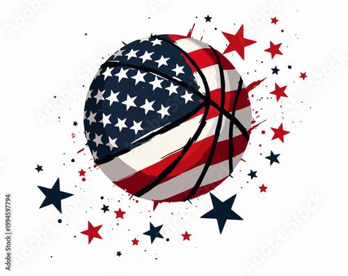 Vector drawing with flying basketball
from national flag of usa isolated on white background. 
Sport fashion t shirt design for textiles, fabric, 
clothing. American print with star.