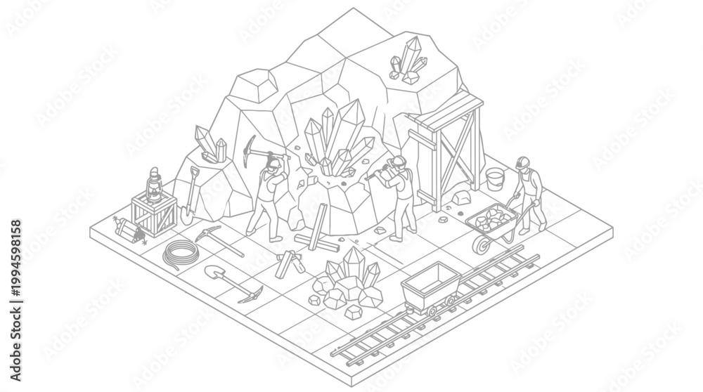 Obraz premium Isometric illustration of a fantasy mine scene with miners, crystals, and a large creature.