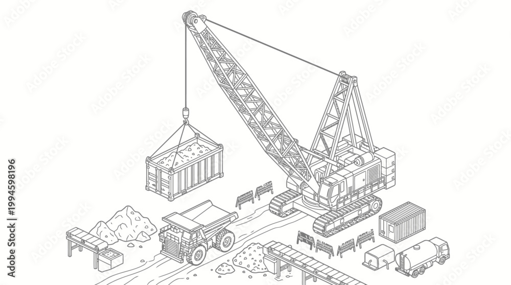 Fototapeta premium Isometric illustration of a construction site featuring a large crane lifting a container onto a dump truck, surrounded by mining equipment and materials.