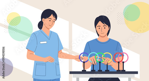 Occupational therapist helps patient with fine motor skills using colorful rings