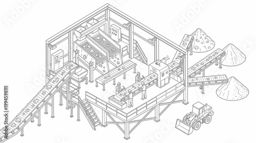 Isometric illustration of an industrial material processing plant with conveyor belts, sorting machinery, and piles of processed materials, featuring a front-end loader.