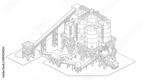 Isometric line drawing of a complex industrial facility featuring multiple silos, conveyor belts, and processing equipment, suggesting a manufacturing or processing plant.