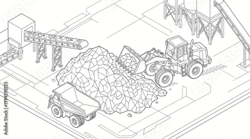 Isometric illustration of a construction site with a front-end loader dumping rocks into a dump truck, with conveyor belts and silos in the background.