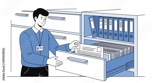 Office worker organizing files in a filing cabinet, document management, data storage concept