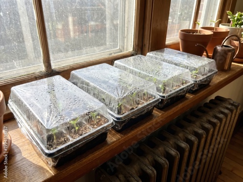 Seedling trays covered with plastic dome on windowsill indoor gardening