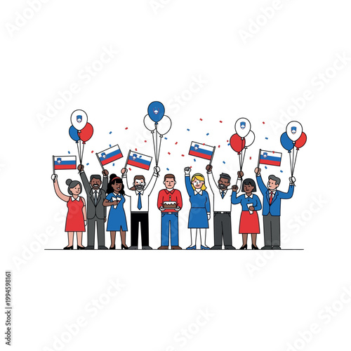 Diverse group of people celebrating with Slovenian flags and balloons in a festive scene outdoors.