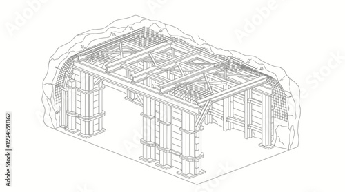 Isometric view of a detailed architectural structure, possibly a tunnel or cavern support system, with intricate bracing and foundational elements.