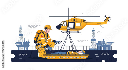 Offshore Rescue: Helicopter Hoists Injured Worker from Sea Near Oil Rigs