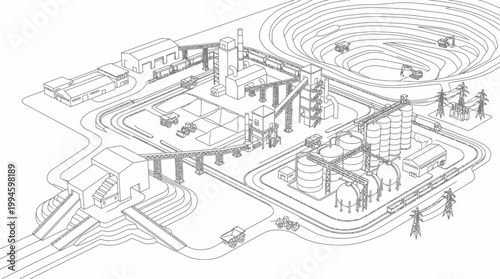 Comprehensive illustration of an open-pit mine and processing plant, showcasing extraction, transportation, and refining operations.