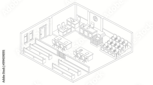 Isometric illustration of a courtroom interior, showcasing the judge's bench, witness stand, jury box, and seating for the public and legal professionals.
