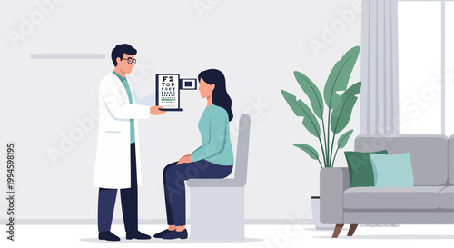 Optometrist examining patient's eyes with eye chart in modern clinic