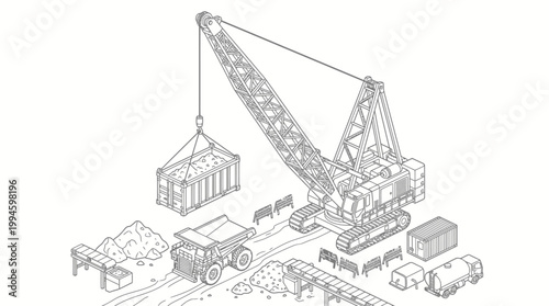 Isometric illustration of a construction site featuring a large crane lifting a container onto a dump truck, surrounded by mining equipment and materials.