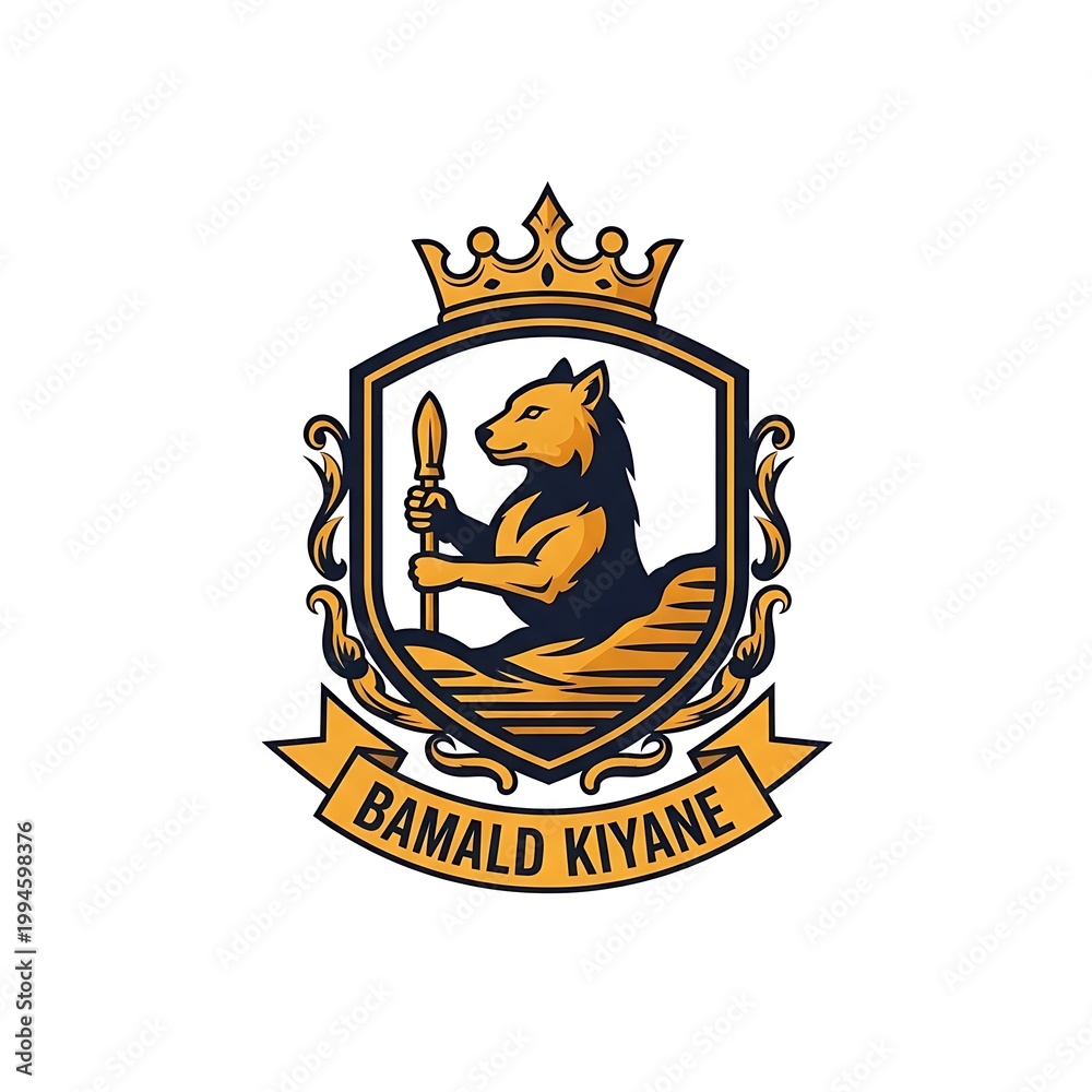 Obraz premium Stylized wolf holding a spear in a heraldic shield and crown emblem with a text banner