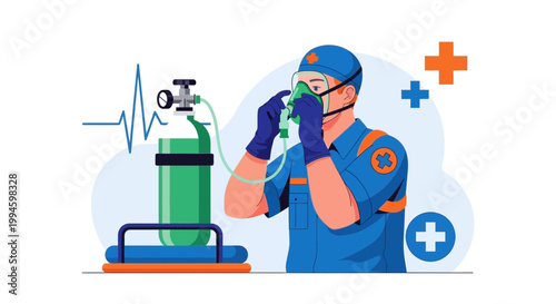 Paramedic Administering Oxygen Therapy with Medical Equipment and Heartbeat Line