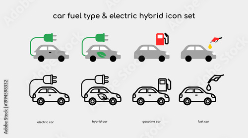 Essential Car Fuel Type for Electric Hybrid Gasoline Oil Minimal Icon Set