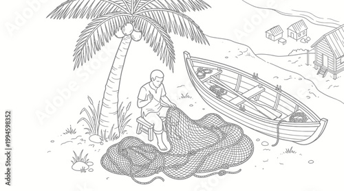 A fisherman mends a net under a palm tree near a boat and village on a tropical island.