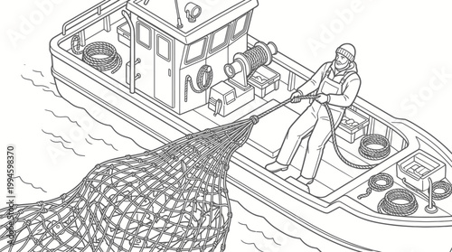 A fisherman in overalls and a hat pulls a large fishing net from the water onto a boat.