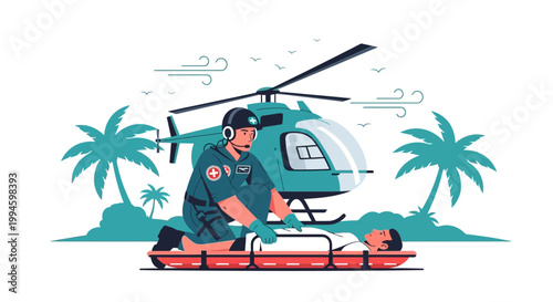 Paramedic assisting patient on stretcher near helicopter, tropical island rescue