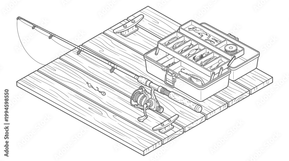 Fototapeta premium An isometric illustration of fishing gear, including a fishing rod, reel, tackle box, and cleats, arranged on a wooden surface.