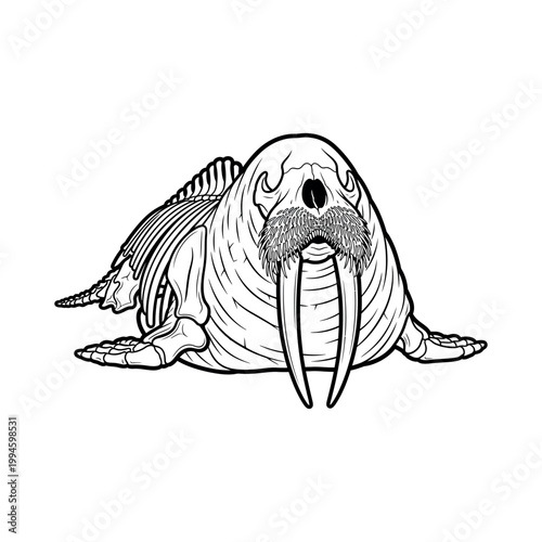 Fotografia An illustration of a walrus lying down with tusks and whiskers on a plain backgr