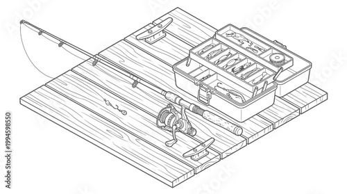 An isometric illustration of fishing gear, including a fishing rod, reel, tackle box, and cleats, arranged on a wooden surface.