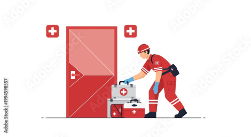 Paramedic Delivering Medical Supplies to a Red Door with Cross Symbols