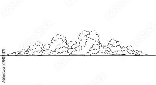 Detailed monochrome vector illustration showcasing a dynamic arrangement of cumulus clouds, hand-drawn style with intricate outlines, forming a captivating atmospheric design element