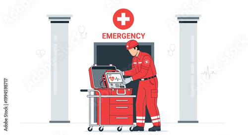 Paramedic in red uniform with medical equipment at emergency room entrance