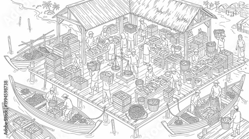 A bustling marketplace on a stilted wooden platform, with boats docked and people actively engaged in trade and commerce.