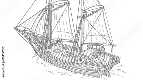 A detailed black and white sketch of a historical sailing ship with a single person at the helm, navigating through choppy waters.
