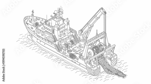 Isometric line art illustration of a modern fishing trawler with its trawl net being deployed into the ocean from the stern.