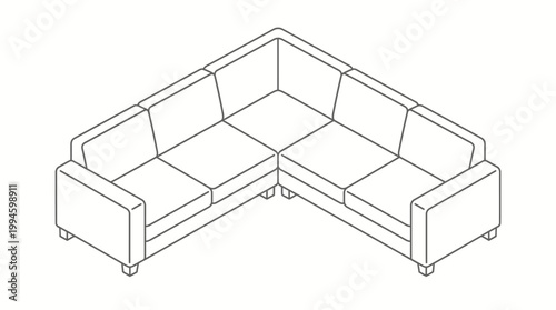Isometric line drawing of a modern L-shaped sectional sofa with multiple cushions and armrests, suitable for living room furniture.