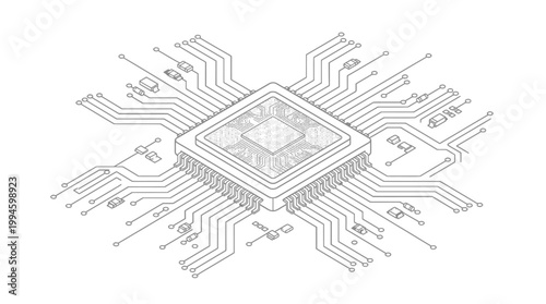 Isometric line art drawing of a central processing unit (CPU) on a circuit board, illustrating electronic components and interconnected pathways.